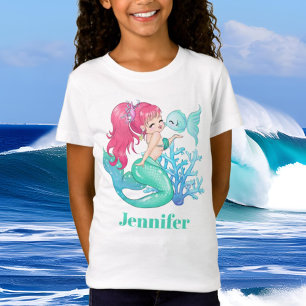 Cute mermaid and fish add name t-shirt