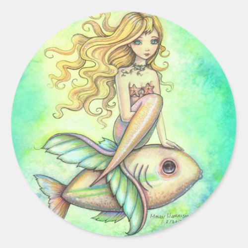Cute Mermaid and Fish Fantasy Art Classic Round Sticker