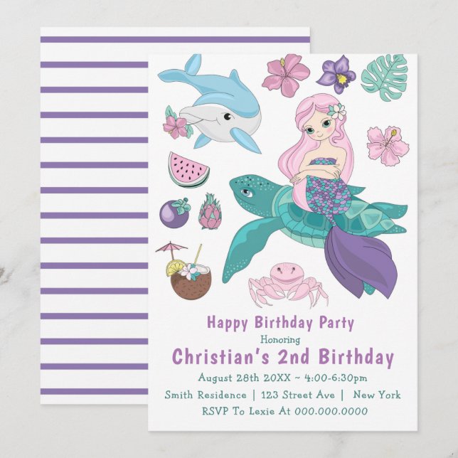 Cute Mermaid and Friends 2nd Birthday Invitations  (Front/Back)