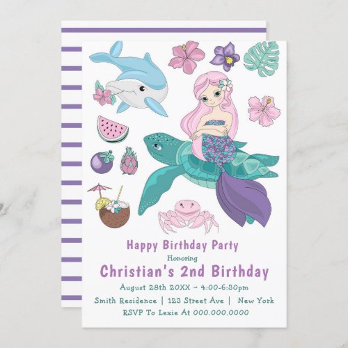 Cute Mermaid and Friends 2nd Birthday Invitations 