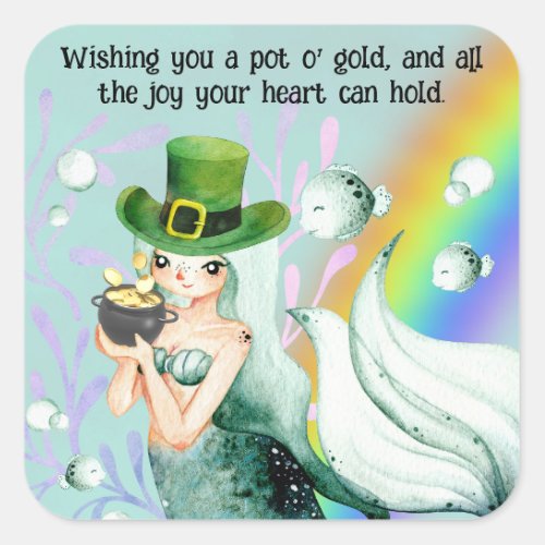 Cute Mermaid and Pot o Gold St Patricks Day Square Sticker