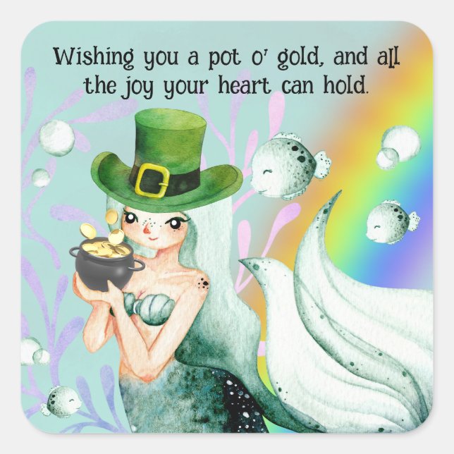 Cute Mermaid and Pot o' Gold St. Patrick's Day Square Sticker (Front)
