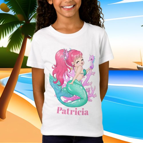 Cute mermaid and sea horse add name T_Shirt