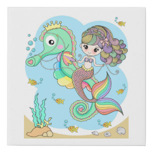 Cute Mermaid and Seahorse Faux Canvas Print