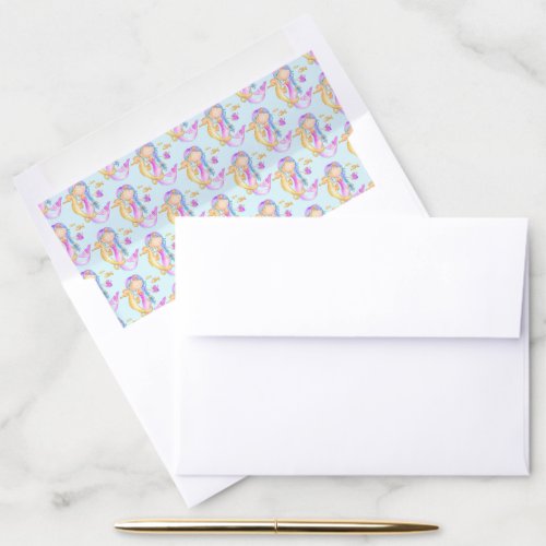 Cute mermaid and seahorse watercolor art patterned envelope liner