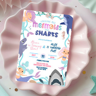 Cute Mermaid and Sharks Joint Birthday invitation