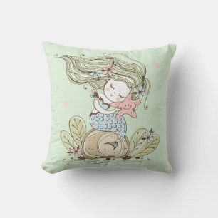 Cute Mermaid And Starfish Watercolor Girl Throw Pillow