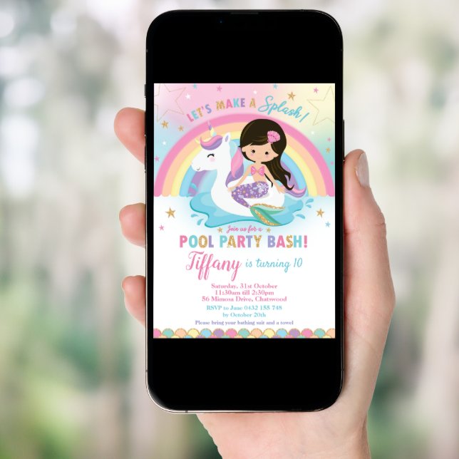 Cute Mermaid and Unicorn Floatie Pool Birthday  In Invitation (Front Digital)