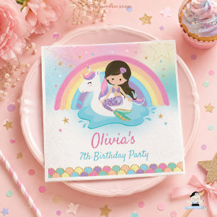 Cute Mermaid and Unicorn Pool Birthday Party Napkins