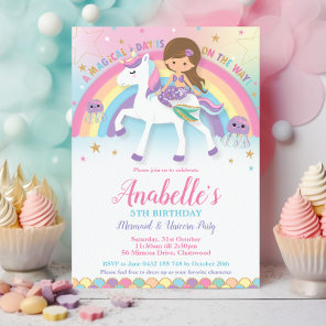 Cute Mermaid and Unicorn Rainbow Birthday  Invitation