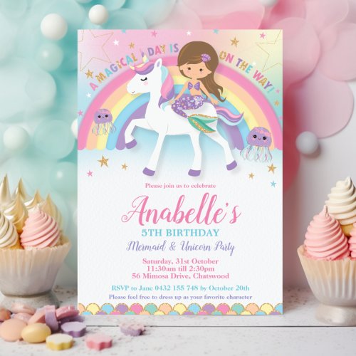 Cute Mermaid and Unicorn Rainbow Birthday  Invitation