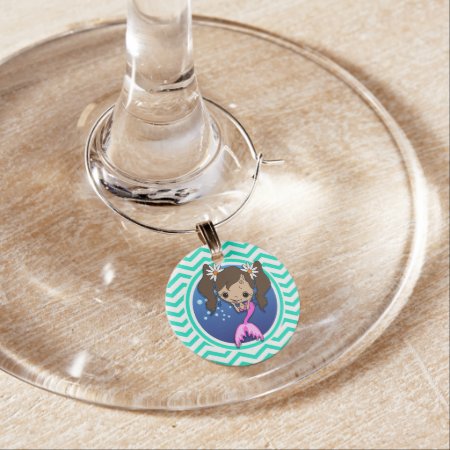 Cute Mermaid; Aqua Green Chevron Wine Glass Charm