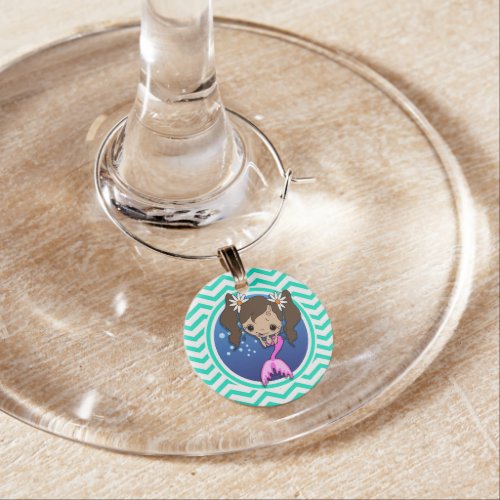 Cute Mermaid Aqua Green Chevron Wine Glass Charm