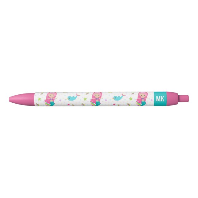 Cute Mermaid Beach Girl Monogram Kids Pen (Front)