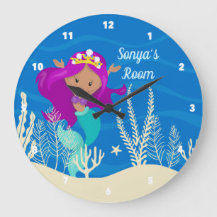 Cute Mermaid Beach Girl Ocean Blue Bedroom Large Clock