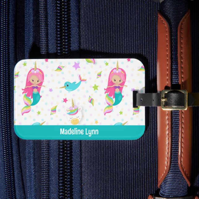 Cute Mermaid Beach Girl Personalized Kids Luggage Tag (Front Insitu 4)