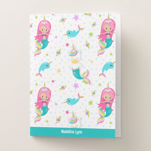 Cute Mermaid Beach Girl Personalized Kids Pocket Folder (Front)