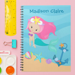 Cute Mermaid Beach Girl Pink Hair Custom Kids Notebook