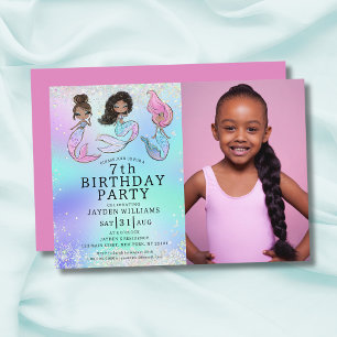Cute Mermaid Birthday Black Hair Girl Photo Invitation