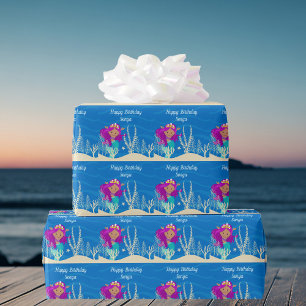 Cute Mermaid Birthday Girl Custom Blue Ocean Wrapping Paper
