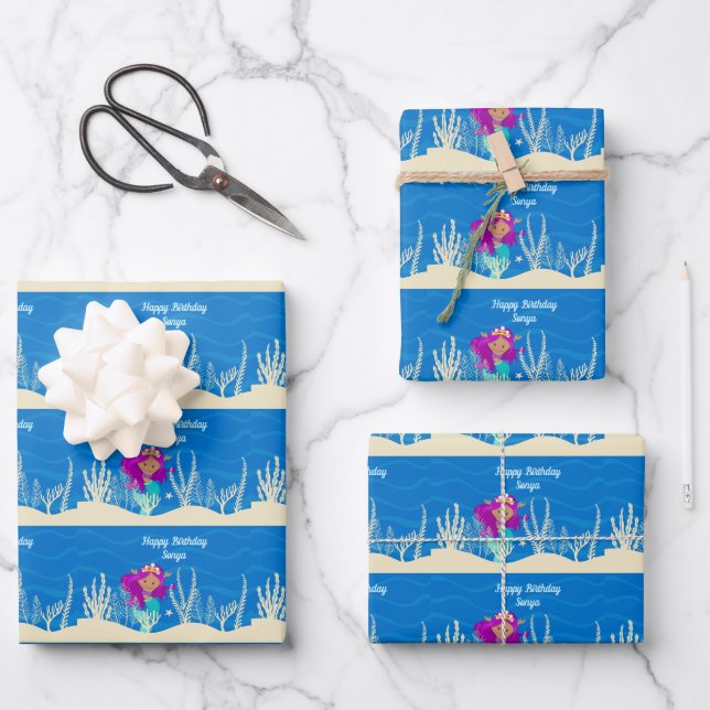 Cute Mermaid Birthday Girl Custom Blue Ocean Wrapping Paper Sheets (Front)