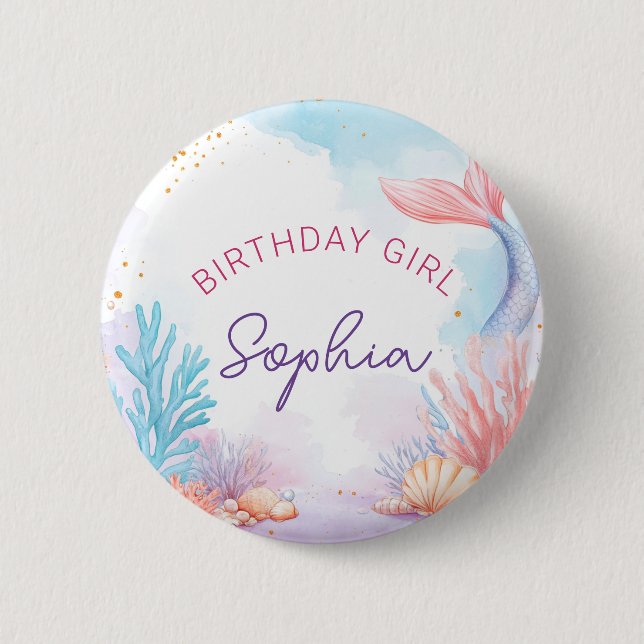 Cute Mermaid Birthday Girl Personalized Party  Button (Front)