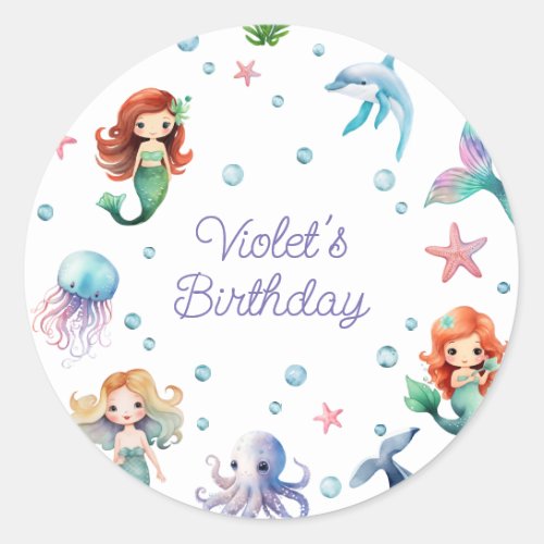 Cute Mermaid Birthday Party Classic Round Sticker
