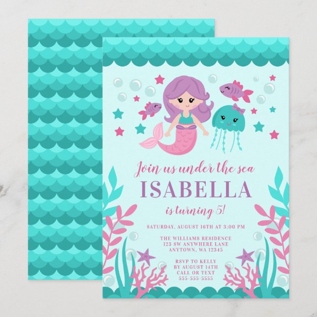 Cute Mermaid Birthday Party Invitations (Front/Back)