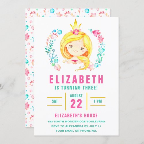Cute Mermaid Birthday Princess Invitation Card
