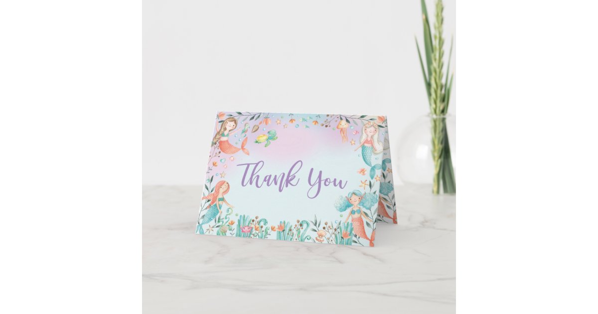 Cute Mermaid Birthday Under the Sea Pool Party Thank You Card | Zazzle