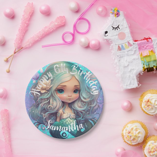 Cute Mermaid Blue Ocean  Paper Plates (Party)