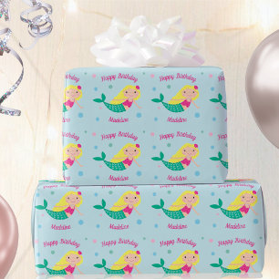 Cute Mermaid Blue Personalized Birthday Wrapping Paper