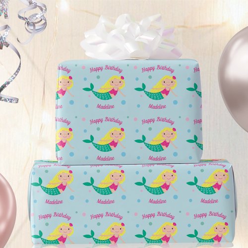 Cute Mermaid Blue Personalized Birthday Wrapping Paper