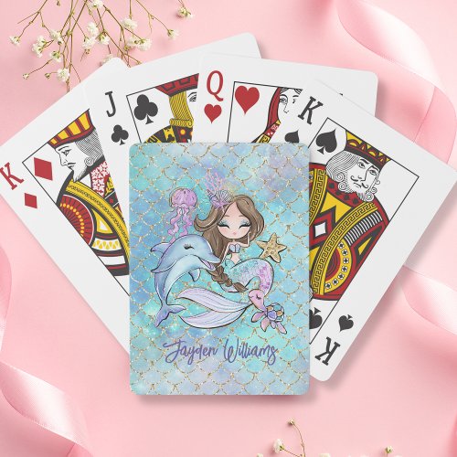 Cute Mermaid Brown Hair Custom Name Girl Birthday Poker Cards