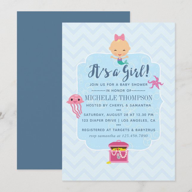 Cute Mermaid Chevron Under the Sea Baby Shower Invitation (Front/Back)