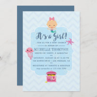 Cute Mermaid Chevron Under the Sea Baby Shower Invitation