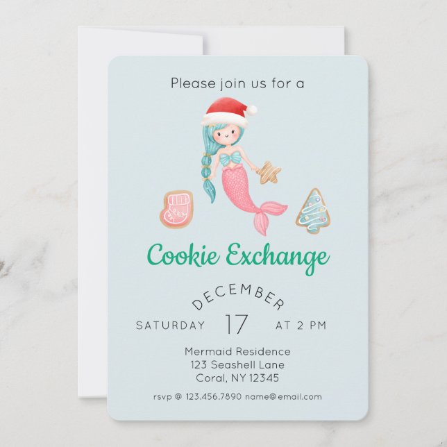 Cute Mermaid Christmas Cookie Exchange Party Invitation (Front)