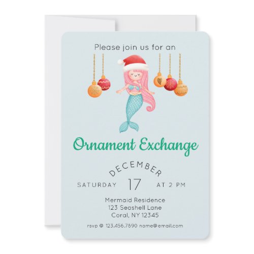 Cute Mermaid Christmas Ornament Exchange Party Invitation