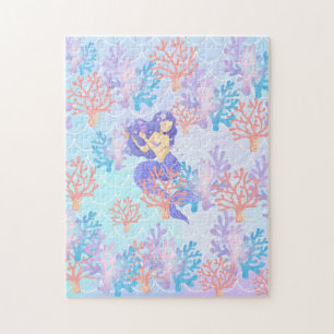 Cute mermaid colorful coral fish sea Birthday kids Jigsaw Puzzle