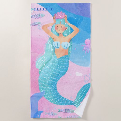 Cute mermaid colorful watercolors illustration beach towel