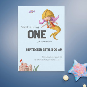 Cute Mermaid Construction Worker First Birthday Invitation