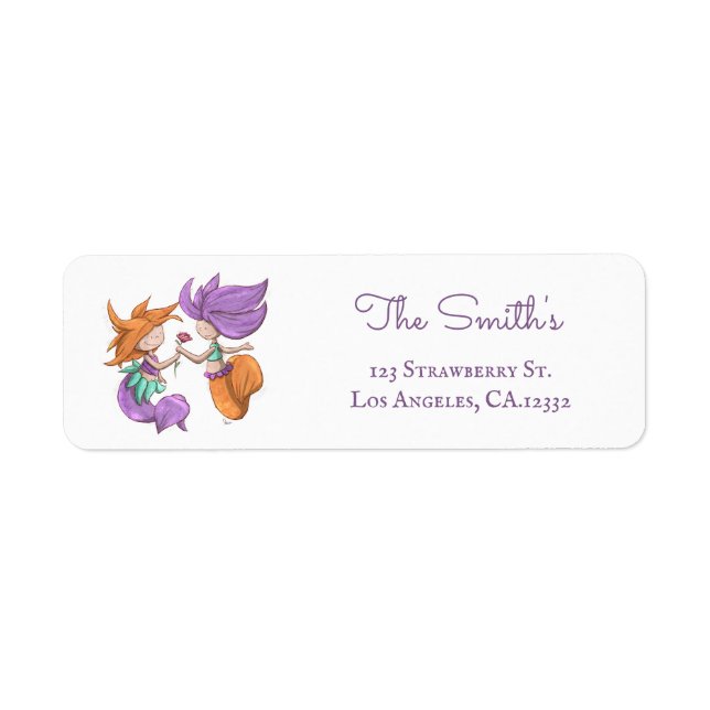 Cute Mermaid Couple Rose Return Address Label (Front)