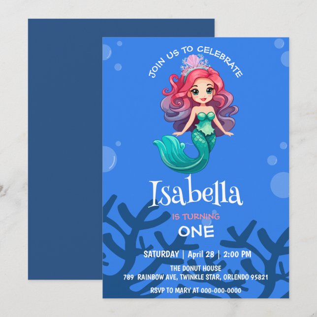 Cute Mermaid crown Rainbow whale Birthday party Invitation (Front/Back)