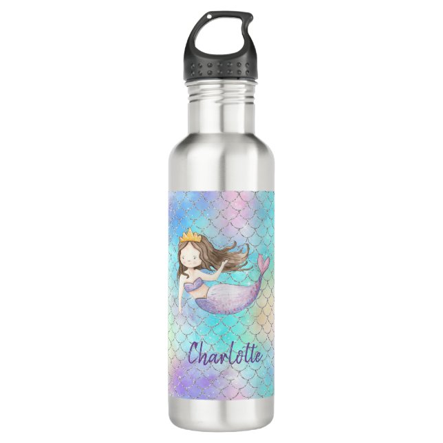 Cute Mermaid Custom Name Stainless Steel Water Bottle (Front)