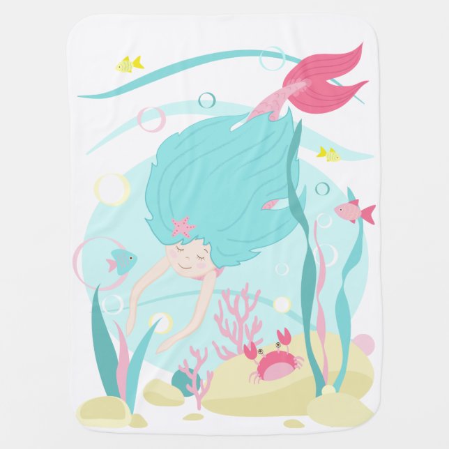 Cute Mermaid Diving Under the Sea Baby Blanket (Front)
