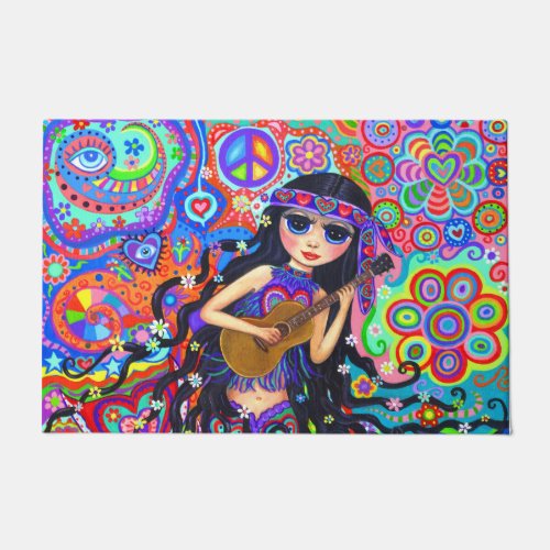 Cute Mermaid Doll Hippie Chick Guitar Big Eyes Doormat