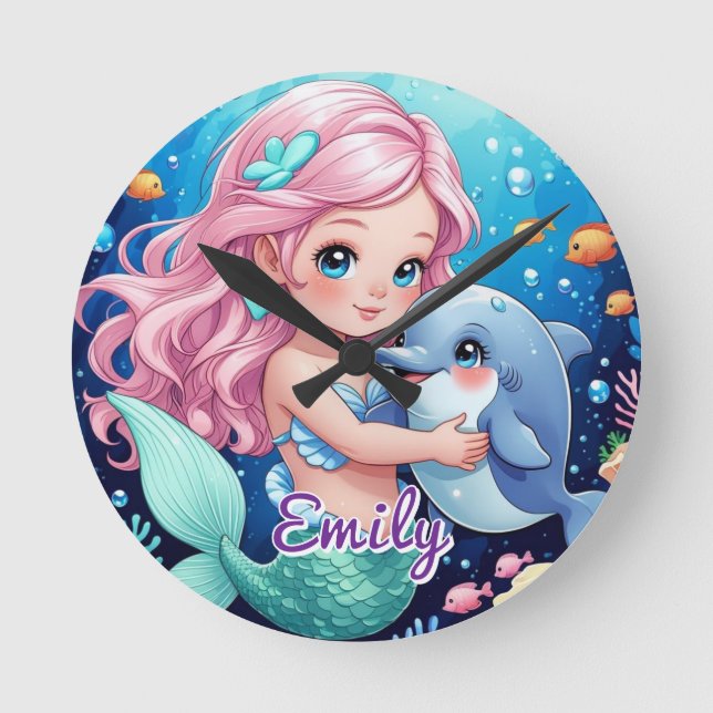 Cute Mermaid & Dolphin Wall Clock – Editable Name (Front)
