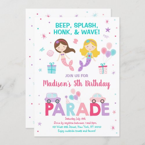 Cute Mermaid Drive By Birthday Parade Invitation