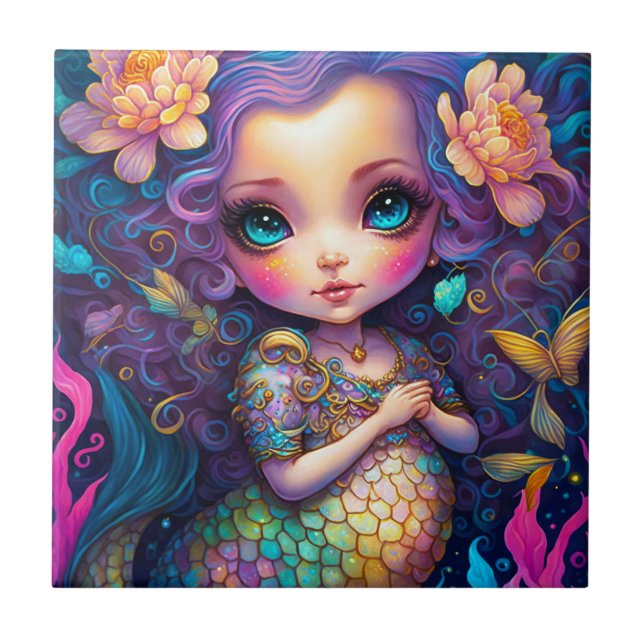 Cute Mermaid Fantasy Art Ceramic Tile (Front)