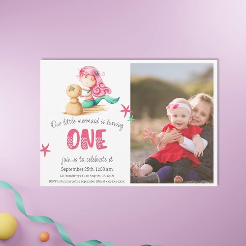 Cute Mermaid First Birthday Photo Invitation